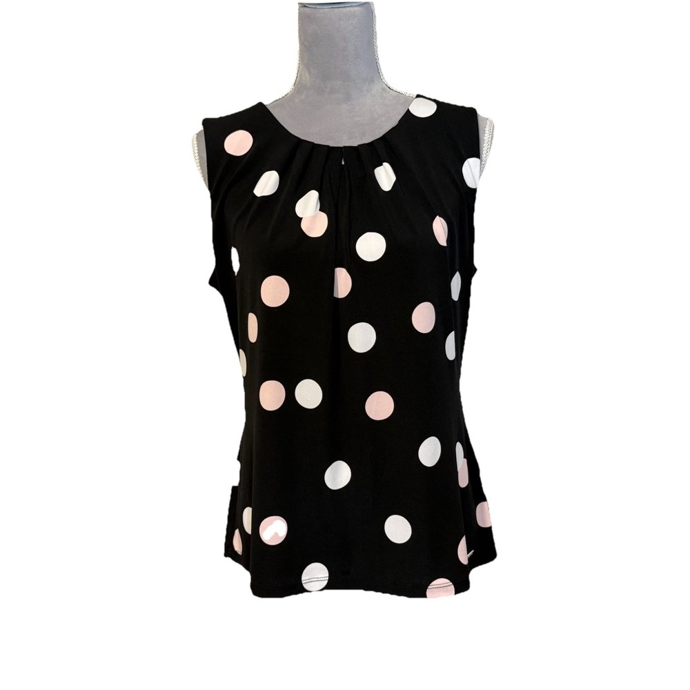 Calvin Klein Women's Black Pink White Polka Dot Pleated Sleeveless Blouse Top LG